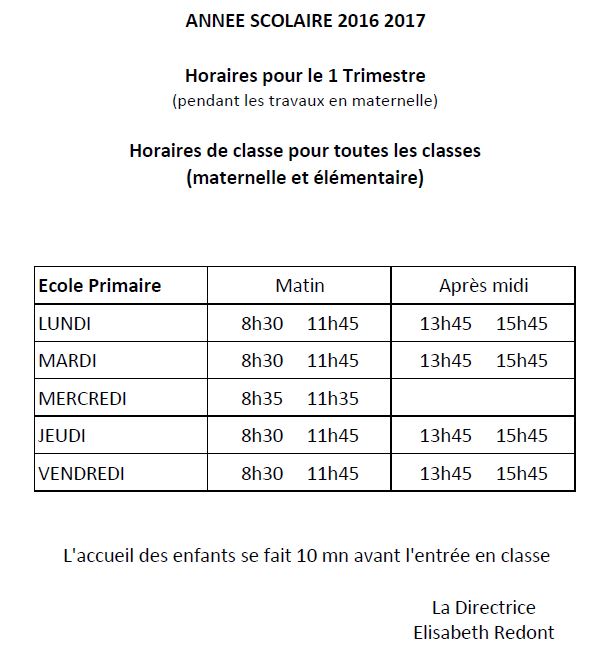 2016 2017 horaires de Classe site primaire